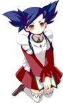  bangs blue_hair brown_eyes dress full_body kneeling long_sleeves looking_at_viewer my-otome nina_wang own_hands_together red_dress simple_background solo swept_bangs thighhighs twintails v_arms white_background white_legwear yakisake zettai_ryouiki 