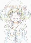  1girl :d absurdres akiyama_yukari bangs black_neckwear blouse blush_stickers brown_eyes brown_hair clenched_hands color_trace colored_pencil_(medium) commentary eyebrows_visible_through_hair girls_und_panzer highres kitazinger long_sleeves looking_at_viewer messy_hair neckerchief ooarai_school_uniform open_mouth school_uniform serafuku short_hair sketch smile solo traditional_media upper_body white_blouse 