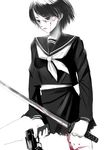  blood blood_on_face copyright_request glasses gun handgun katana long_sleeves monochrome pistol school_uniform short_hair solo spot_color sword takashima weapon 