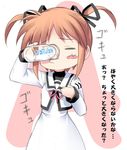  =_= blush_stickers dress drinking kantoku long_sleeves lyrical_nanoha mahou_shoujo_lyrical_nanoha milk o3o red_hair school_uniform seishou_elementary_school_uniform short_twintails solo takamachi_nanoha translated twintails 