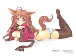  animal_ears black_legwear blue_panties bottomless breasts cat_ears copyright_request glasses large_breasts long_sleeves lying on_stomach panties sakurai_unan scarf solo striped striped_panties striped_scarf tail thighhighs underwear 