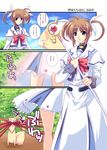  :o blood bow bowtie comic dress ferret holding holding_weapon ichino long_sleeves looking_at_viewer lyrical_nanoha magical_girl mahou_shoujo_lyrical_nanoha nosebleed parted_lips polearm raising_heart red_bow red_neckwear rod staff takamachi_nanoha translation_request twintails uniform weapon white_dress yuuno_scrya 