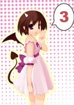  3 brown_hair demon_girl halftone himukai_kyousuke horns middle_w number open_mouth original pointy_ears red_eyes short_hair solo tail w wings 