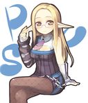  arm_up asymmetrical_clothes blonde_hair cleavage_cutout copyright_name crossed_legs dress elf glasses hand_on_ear kashiwamochi_yomogi long_hair maya_shidou necktie pantyhose phantasy_star phantasy_star_universe pointy_ears sitting solo white_background yellow_eyes 