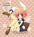  2006 animal_ears ankle_boots aqua_eyes bare_legs blue_eyes boots bow bunny_ears bunny_tail crown dress gradient_hair legs_up multicolored_hair orange_hair original pillow polka_dot reclining ribbon short_hair solo tail yano_mirura 