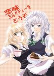  asou_shin blonde_hair blush braid cake cup food izayoi_sakuya kirisame_marisa light_smile maid_headdress multiple_girls open_mouth pastry plate silver_hair slice_of_cake teacup touhou translation_request twin_braids 