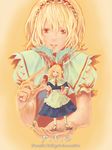 alice_margatroid apron blonde_hair bow capelet chiki_(botsugo) hair_bow hairband hand_on_hip hands holding hourai_doll lance looking_at_viewer minigirl polearm ribbon short_hair smile solo standing touhou upper_body weapon 