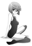  copyright_request fugetsu_taku glasses greyscale kneehighs monochrome one-piece_swimsuit school_swimsuit solo swimsuit thighhighs 