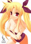  blonde_hair breasts casual_one-piece_swimsuit cleavage fate_testarossa hair_ribbon himukai_kyousuke large_breasts long_hair lyrical_nanoha mahou_shoujo_lyrical_nanoha one-piece_swimsuit ribbon smile solo swimsuit twintails undressing wet 