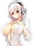  between_breasts blush breast_suppress breasts dress_shirt headphones huge_breasts large_breasts nitroplus no_bra open_clothes open_shirt pink_hair red_eyes shirt solo super_sonico tsuji_santa unbuttoned 