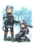  animal_ears anti-tank_mine anti-tank_rifle battlefield_(series) battlefield_2142 black_legwear blonde_hair blue_eyes brown_hair camouflage cat_ears engineer eu explosive gun long_sleeves military military_uniform mine_(weapon) multiple_girls pantyhose rifle tail tanaka_(cow) uniform weapon 