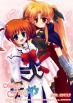  belt blonde_hair cape cover cover_page doujin_cover fate_testarossa feathers fingerless_gloves gloves lyrical_nanoha magical_girl mahou_shoujo_lyrical_nanoha multiple_girls red_eyes shaian takamachi_nanoha twintails 