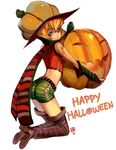  ass blonde_hair boots full_body green_eyes halloween happy_halloween hat jack-o'-lantern midriff original pumpkin pumpkin_hat qiqo scarf solo striped striped_scarf thigh_boots thighhighs white_background 