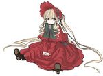  blonde_hair long_hair long_sleeves nanami_natsuki rozen_maiden shinku simple_background sitting solo 