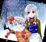  bat_wings hirafumi izayoi_sakuya long_sleeves multiple_girls remilia_scarlet scarf snow snowing touhou tree wings 