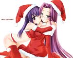  bra breast_press breasts christmas elbow_gloves fate/stay_night fate_(series) glasses gloves hat lingerie long_sleeves matou_sakura medium_breasts multiple_girls nekou_izuru panties red_bra red_gloves red_legwear red_panties rider santa_costume santa_hat symmetrical_docking thighhighs underwear underwear_only yuri 