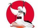  animal barefoot bird closed_eyes collarbone crane_(animal) flag_background japanese_clothes japanese_flag kimono kiriman_(souldeep) long_sleeves off_shoulder original sitting white_hair yokozuwari 