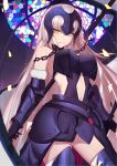  1girl armor bare_shoulders black_gloves breasts chains elbow_gloves eyebrows_visible_through_hair fate/grand_order fate_(series) flag fur_trim gauntlets gloves greaves grin helmet highres jeanne_d&#039;arc_(alter)_(fate) jeanne_d&#039;arc_(fate)_(all) langya_beike long_hair looking_at_viewer navel sheath sheathed silver_hair smile solo stained_glass sword thighhighs very_long_hair weapon yellow_eyes 
