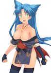  bare_shoulders bell blue_hair blush breasts cleavage fingerless_gloves gloves happy japanese_clothes jingle_bell large_breasts long_hair mizuki_makoto off_shoulder open_mouth rance_(series) sengoku_rance solo suzume_(rance) thighhighs 