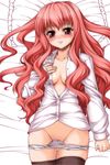  black_legwear bottomless long_hair long_sleeves louise_francoise_le_blanc_de_la_valliere no_bra open_clothes open_shirt panties panty_pull red_hair shirt solo thighhighs underwear white_panties yoshida_inuhito zero_no_tsukaima 