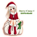  2004 :d artist_request bangs boots bow capelet christmas dated eyebrows_visible_through_hair fate/stay_night fate_(series) full_body fur-trimmed_boots fur-trimmed_capelet fur_trim green_bow hat head_tilt illyasviel_von_einzbern knees_together_feet_apart long_hair looking_at_viewer merry_christmas open_mouth pom_pom_(clothes) red_capelet red_eyes red_footwear red_hat sack santa_boots santa_costume santa_hat simple_background sitting sitting_on_object smile solo straight_hair white_background white_hair 