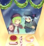  ^_^ against_glass beret black_dress blonde_hair blush cake cherry christmas closed_eyes coat dress food fruit glass hamamo hat long_sleeves looking_at_viewer merry_christmas multiple_girls original outdoors plate red_coat shop short_hair sweets 