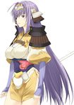  armor breasts circlet covered_nipples large_breasts long_hair long_sleeves mizuki_makoto purple_eyes purple_hair rance_(series) sengoku_rance senhime skirt solo staff very_long_hair weapon 