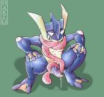  2019 amphibian animal_genitalia animal_penis anthro autofellatio crouching digital_media_(artwork) erection fellatio greninja harzu hi_res long_tongue looking_at_viewer male masturbation nintendo nude open_mouth oral oral_masturbation penile_masturbation penis pok&eacute;mon pok&eacute;mon_(species) sex simple_background solo tongue tongue_out video_games 