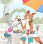  2018 anthro beverage canid canine carrot clothing dipstick_ears dipstick_tail disney duo female food fox fur gloves_(marking) hb_runo holding_object judy_hopps lagomorph male mammal markings midriff multicolored_fur multicolored_tail nick_wilde outside rabbit shirt shorts sitting size_difference summer two_tone_fur umbrella vegetable zootopia 