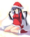  ankle_boots arms_behind_back black_hair blush boots christmas closed_mouth e=mc2_(mosimosi) expressionless full_body glasses hat long_hair long_sleeves looking_at_viewer navel original sack santa_costume santa_hat sitting solo very_long_hair wariza 