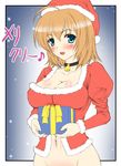  ahoge bell bell_collar blue_eyes blush bottomless breast_press breast_rest breasts brown_hair carried_breast_rest choker christmas cleavage collar fur gift hat holding holding_gift kawase_seiki large_breasts long_sleeves open_mouth original santa_costume short_hair solo 