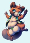  2019 anthro balls big_balls bitfly blue_eyes bottomless brown_fur canid canine clothed clothing dango_(bitfly) digital_media_(artwork) digitigrade dipstick_tail fur gloves_(marking) grin huge_balls leaf male mammal markings multicolored_tail nude partially_clothed raccoon_dog signature simple_background slightly_chubby smile socks_(marking) solo tan_fur tanuki teeth text vest young 