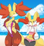  2girls animal_ear_fluff animal_ears areola_slip areolae artist_name ball beach beachball bikini blue_sky blush braixen breasts cameltoe clenched_hand clothed_pokemon cloud cowboy_shot creatures_(company) day delphox embarrassed eyes_closed fangs female flat_chest fox_ears fox_tail frilled_bikini frills furry game_freak gen_6_pokemon hand_on_own_chest hand_on_own_face hand_up hands_up happy highres holding jpeg_artifacts large_breasts looking_at_another looking_to_the_side looking_up mezmaroon mother_and_daughter multiple_girls nintendo no_humans ocean one-piece_swimsuit open_mouth outdoors pink_bikini pokemon pokemon_(creature) purple_swimsuit red_eyes sand signature sky slingshot smile standing swimsuit tail textless thigh_gap water 