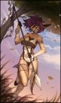  2019 5_fingers antelope anthro bandeau bovid breasts clothed clothing day detailed_background digital_media_(artwork) f-r95 female gazelle hair holding_object holding_weapon hooves mammal melee_weapon midriff navel outside polearm purple_hair skimpy sky solo spear tribal_clothing weapon yellow_eyes 