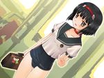  artist_request bag bangs black_eyes black_hair blunt_bangs bob_cut collar dutch_angle game_cg hairband no_pants one-piece_swimsuit rance_(series) school_bag school_swimsuit school_uniform sengoku_rance short_hair solo swimsuit swimsuit_under_clothes waving yuzuhara_yuzumi 