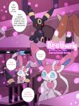  2019 ambiguous_gender anthro blue_eyes bow brown_fur canid canine clothing comic crossed_arms dialogue digital_media_(artwork) eeveelution english_text fur group inside km-15 lagomorph lopunny mammal nintendo pok&eacute;mon pok&eacute;mon_(species) red_eyes ribbons sitting sylveon text umbreon video_games waiter 