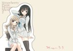  beige_background black_hair blonde_hair blush breasts brown_eyes head_tilt konohana_hikari large_breasts long_sleeves looking_at_viewer mizuki_takehito multiple_girls nanto_yaya no_pants school_uniform shirt simple_background sitting spread_legs standing strawberry_panic! thighhighs white_shirt 