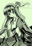  :d blush bonnet cowboy_shot dress frills green head_tilt holding lolita_fashion long_hair long_sleeves looking_at_viewer monochrome neck_ribbon open_mouth ribbon rozen_maiden simple_background smile solo suiseiseki tsukigami_runa very_long_hair watering_can 
