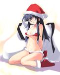  ankle_boots arms_behind_back bikini black_hair blush boots christmas e=mc2_(mosimosi) expressionless full_body glasses hat long_hair looking_at_viewer navel original sack santa_hat sitting solo swimsuit very_long_hair wariza 