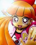  :d akazutsumi_momoko artist_request bow close-up clothes_writing crazy_eyes eyebrows_visible_through_hair face hair_bow hyper_blossom long_hair looking_at_viewer open_mouth orange_hair ponytail powerpuff_girls_z red_bow red_eyes smile solo very_long_hair 