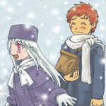  1girl artist_request brother_and_sister emiya_shirou fate/stay_night fate_(series) gloves hat illyasviel_von_einzbern long_sleeves lowres purple_hat red_eyes red_hair scarf siblings snowing white_hair 