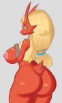  1girl artist_name ass blaziken blonde_hair blue_eyes breasts closed_mouth cowboy_shot creatures_(company) female from_behind furry game_freak gen_3_pokemon grey_background hair_tie half-closed_eyes hand_on_own_chest hand_up highres huge_ass huge_breasts jpeg_artifacts long_hair looking_at_viewer looking_back mezmaroon nintendo nipples no_humans pokemon pokemon_(creature) shiny shiny_hair shiny_skin signature simple_background solo standing tail tied_hair yellow_sclera 