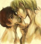  amuro_ray artist_request blonde_hair blue_eyes brown_eyes brown_hair char_aznable chin_grab eye_contact gundam looking_at_another male_focus mobile_suit_gundam multiple_boys open_mouth saliva saliva_trail tongue yaoi 