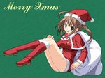  artist_request blue_eyes blush brown_hair capelet christmas copyright_request long_sleeves red_capelet santa_costume smile solo 