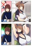  1boy 1girl armpit_peek black_capelet black_jacket blue_jacket blush breasts brown_hair capelet capelet_lift chair cleavage collar comic desk eyes_closed gloves headgear highres huge_breasts indoors jacket kantai_collection kloah little_boy_admiral_(kantai_collection) long_sleeves looking_at_another metal_collar midriff military military_uniform mutsu_(kantai_collection) naval_uniform nose_blush open_mouth paperwork quill remodel_(kantai_collection) shiny shiny_hair short_hair sidelocks sitting smile stretch thinking uniform white_gloves 