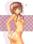  braid breasts brown_eyes brown_hair checkered checkered_background kimi_kiss looking_at_viewer mizusawa_mao nipples panties shiny shiny_skin shunin small_breasts solo squiggle standing topless traditional_media twin_braids underwear underwear_only white_panties 