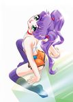  artist_request bad_anatomy choker copyright_request green_eyes happy purple_hair shorts sitting solo thighhighs twintails 