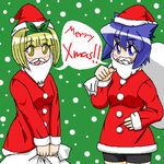  animal_ears artist_request blonde_hair blue_eyes blue_hair cat_ears christmas fake_beard fake_facial_hair fake_mustache hairband hand_on_hip hat kurusu_yuzuko long_sleeves lowres merry_christmas mspaint multiple_girls pani_poni_dash! sack santa_costume santa_hat serizawa_akane short_hair snowing yellow_eyes 