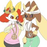  2girls \n/ animal_ear_fluff animal_ears artist_name bandanna bare_shoulders black_panties black_sclera bottomless braixen breasts bunny_ears closed_mouth clothed_pokemon cosplay cowboy_shot creatures_(company) crop_top female flat_chest fox_ears fox_tail furry game_freak gen_4_pokemon gen_6_pokemon green_pants hand_on_hip hands_up happy highleg highleg_panties highres hime_(splatoon) hime_(splatoon)_(cosplay) holding iida_(splatoon) iida_(splatoon)_(cosplay) jewelry jpeg_artifacts long_sleeves looking_at_viewer lopunny mezmaroon microphone midriff multiple_girls necklace nintendo no_humans panties pants parted_lips pink_eyes pink_sweater pokemon pokemon_(creature) red_eyes ring shirt signature simple_background sleeveless sleeveless_shirt small_breasts smile splatoon splatoon_(series) splatoon_2 standing sweater tail teeth underwear w white_background white_shirt 