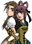  arm_guards artist_request back-to-back bernadette_egan brown_hair gensou_suikoden gensou_suikoden_v hair_rings locked_arms looking_at_viewer miakis multiple_girls ponytail purple_eyes purple_hair short_hair simple_background white_background 